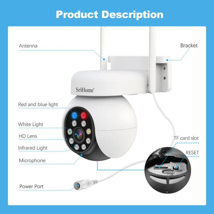 SriHome SH052 Wifi 5MP Wireless PTZ IP AI Auto Tracking Sound&Light Alarm Starlight Color Night Vision Outdoors Surveillance Camera SriHome SH052 Wifi 5MP Wireless PTZ IP AI Auto Tracking Sound&Light Alarm Starlight Color Night Vision Outdoors Surveillance Camera